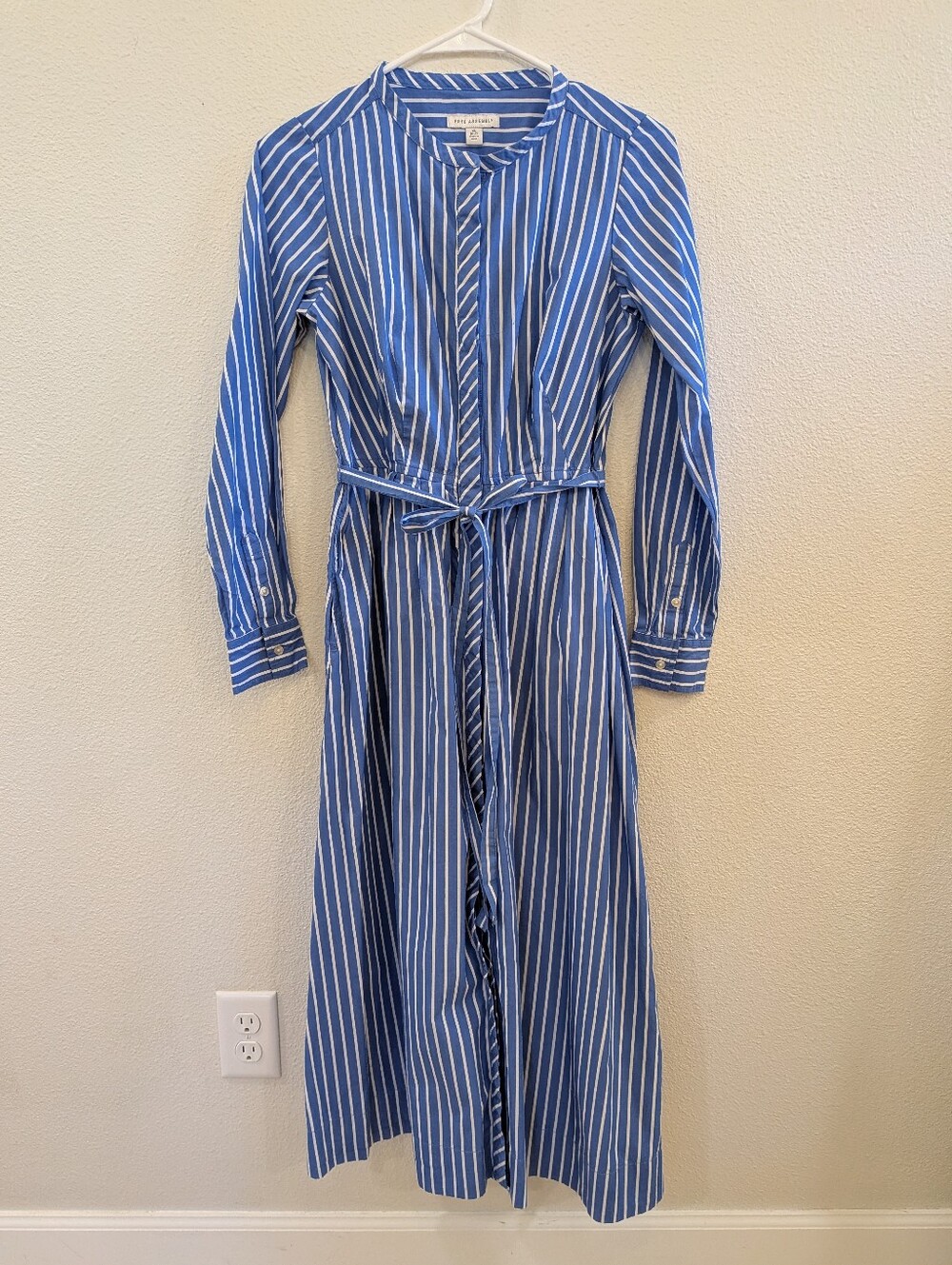 Blue and White Striped Maxi Shirt Dress with Self-Tie Waist